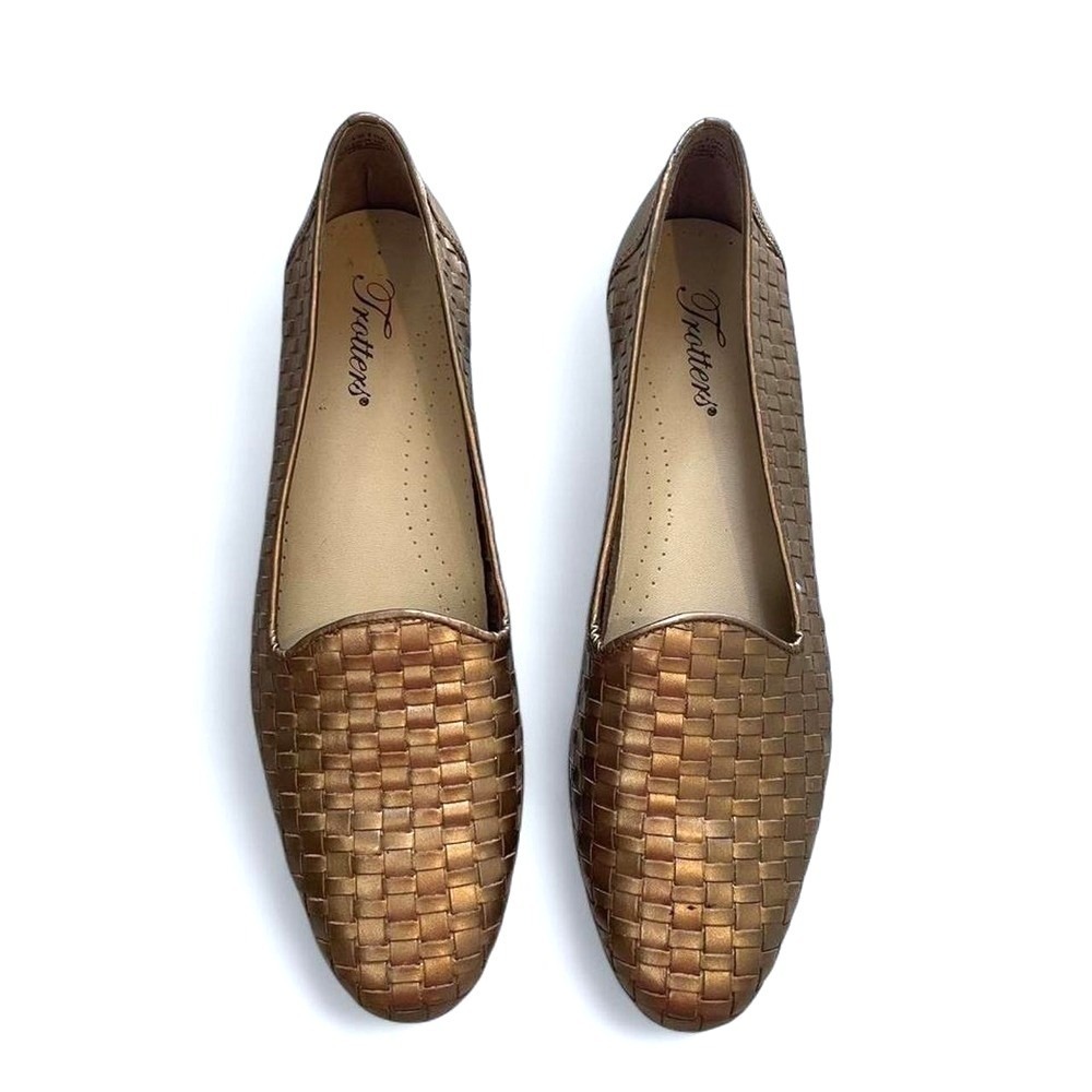 Woven Leather Loafers Metallic Bronze Almond Toe Flats Size 9S Trotters
